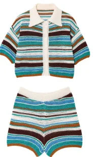 Patchwork Striped Sweater Knit Shorts Suit
