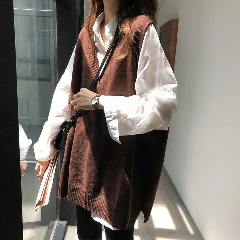 Hirsionsan V Neck Knitted Sweater Vest Women