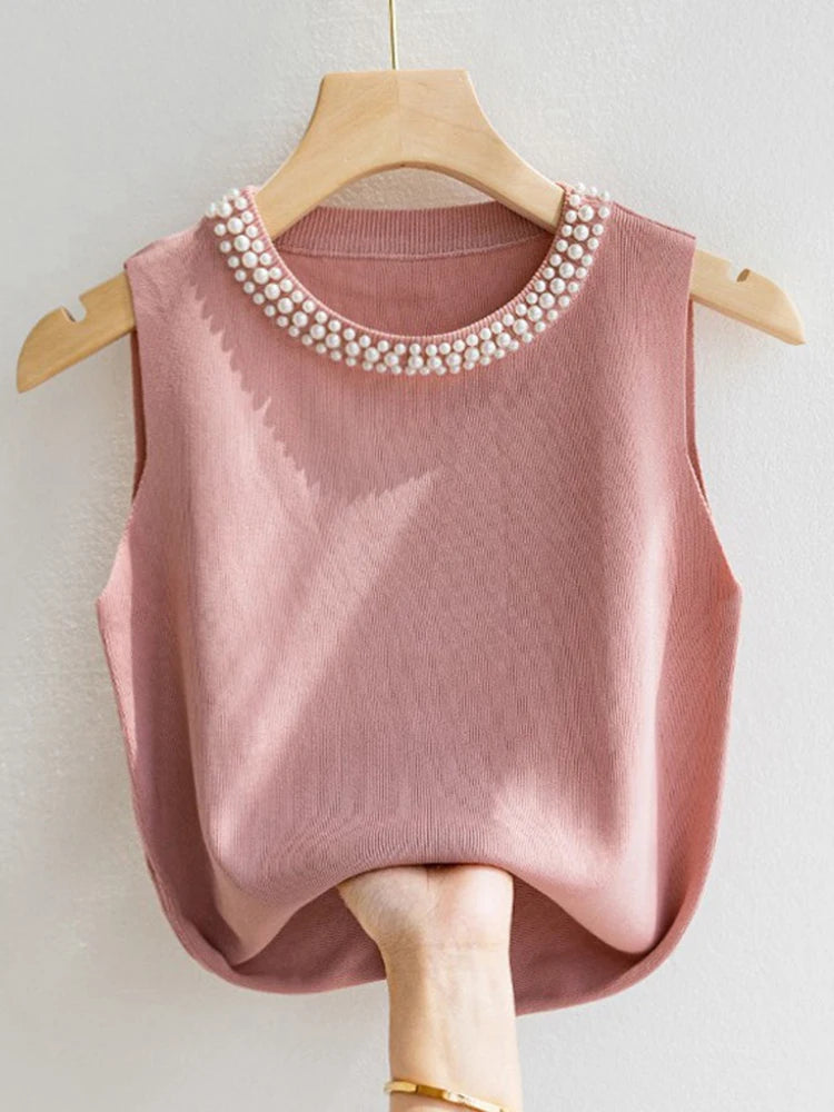 Korea Strickwesten Damen Top Uni Tank Blusen Mujer De Moda Sommer Neue Mode Damen Ärmellose Perlen Lässige Dünne Oberteile