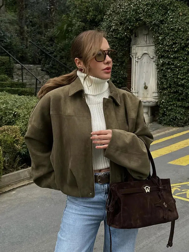 HH Damen Street Fashion Einfarbig Locker Veloursleder Textur Mäntel Lässig Lange Fledermausärmel Revers Reißverschluss Winter Vintage Jacken