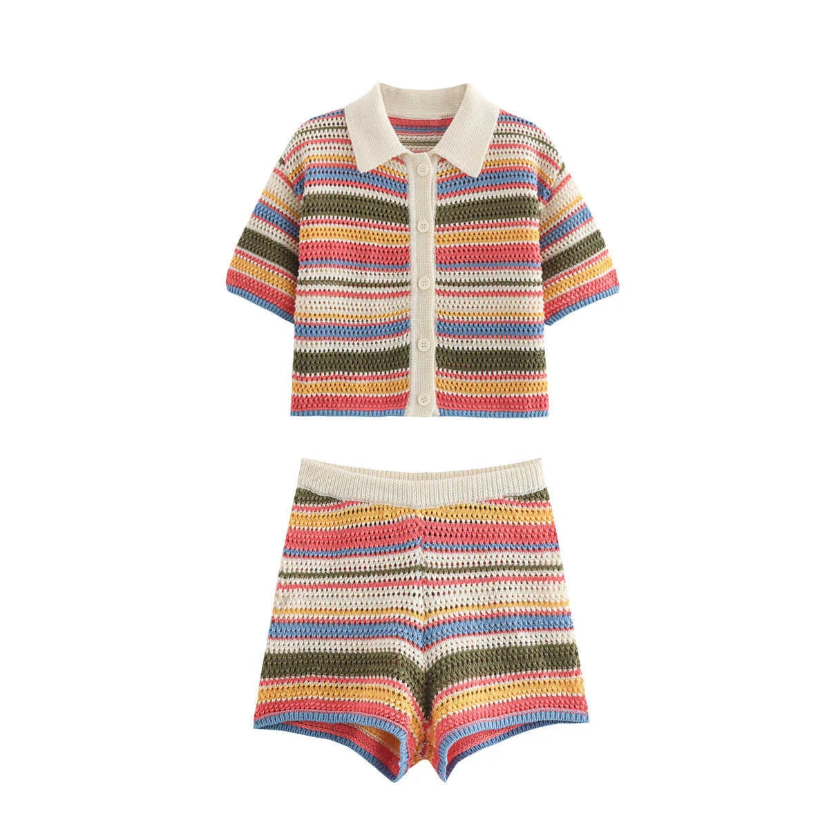 Patchwork Striped Sweater Knit Shorts Suit