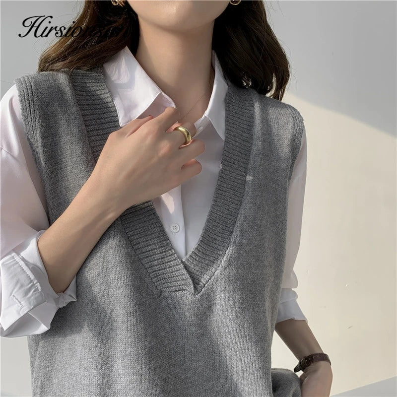 Hirsionsan V Neck Knitted Sweater Vest Women