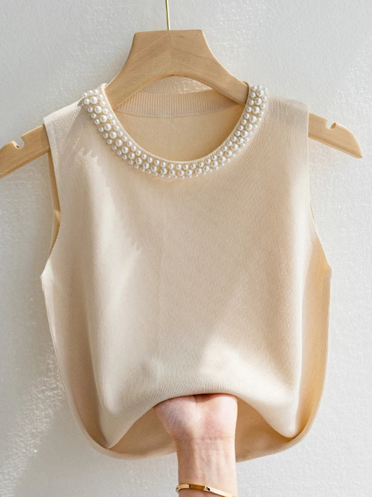 Korea Strickwesten Damen Top Uni Tank Blusen Mujer De Moda Sommer Neue Mode Damen Ärmellose Perlen Lässige Dünne Oberteile