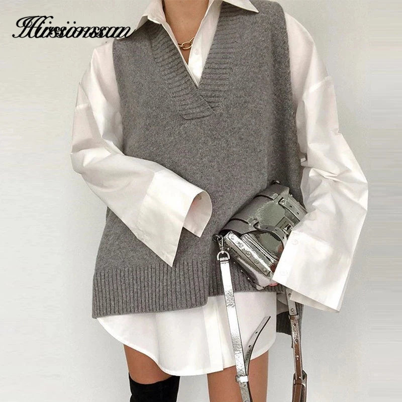 Hirsionsan V Neck Knitted Sweater Vest Women