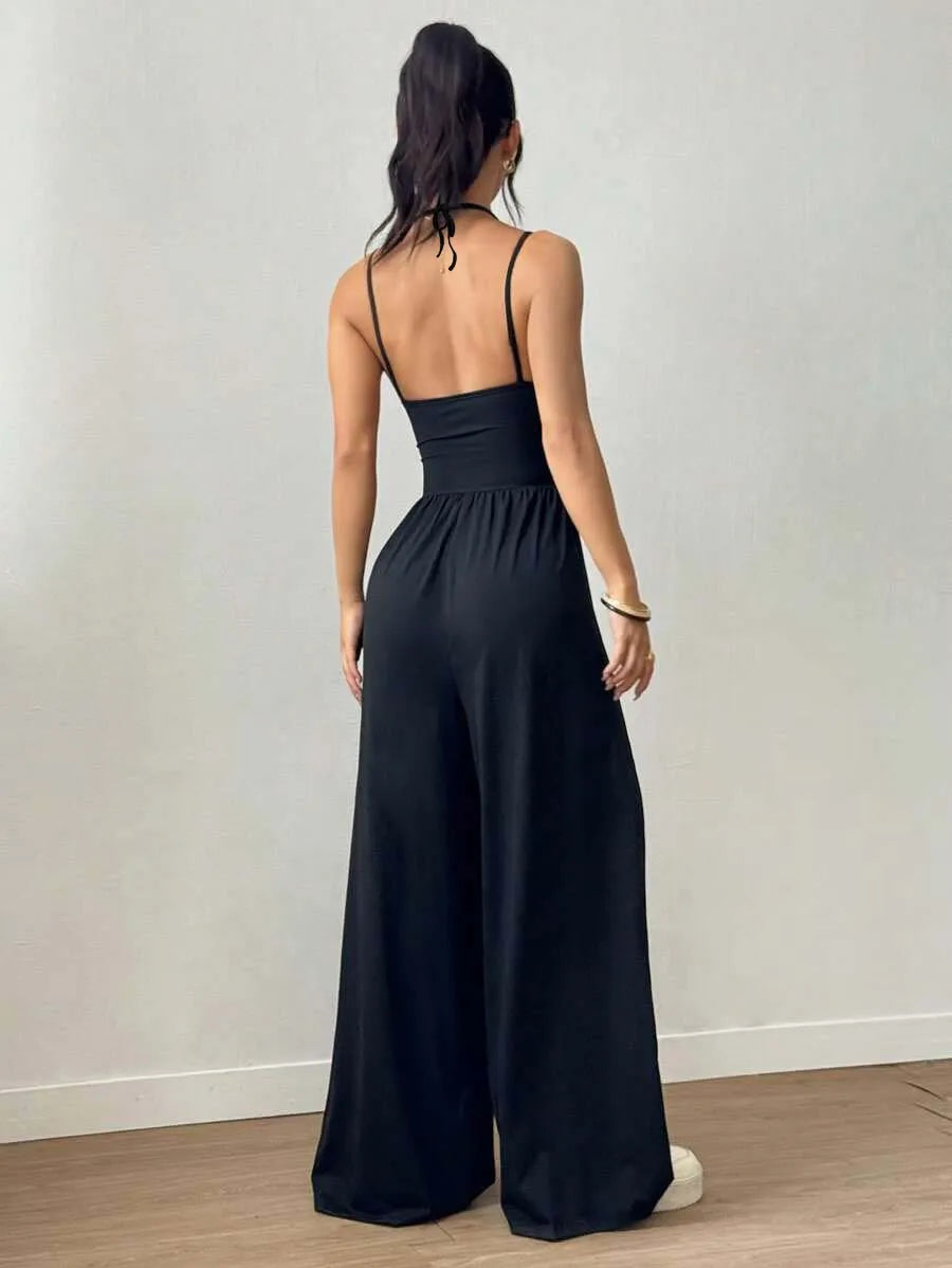 Damen Sommer Schwarz Lässig Plissiert Locker Weites Bein Overall, Verstellbares Neckholder-Band