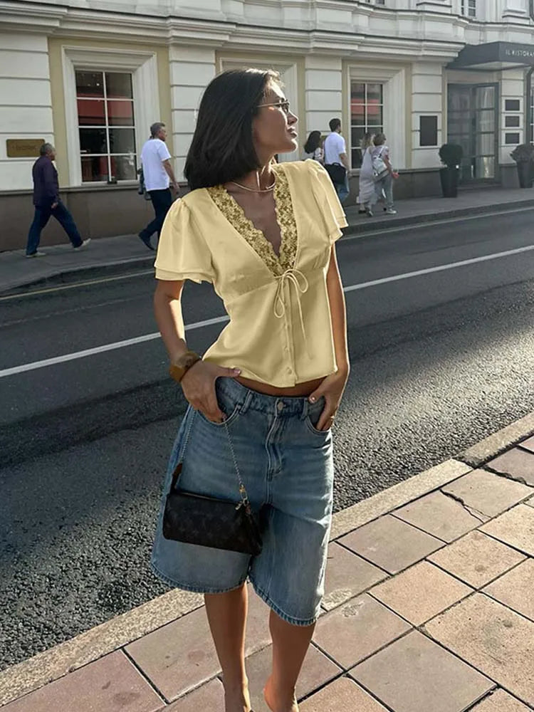 Ahagaga Causal Women Tops Solid Lace