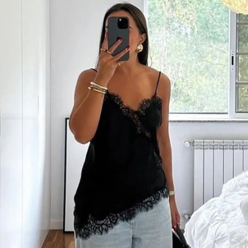 HXAO Asymmetrisches Slip-Top Damen Sommer 2025 Y2K Tanks & Camis Spitze Schwarz Carmen-Top Elegant Ärmelloses Rückenloses Camisole
