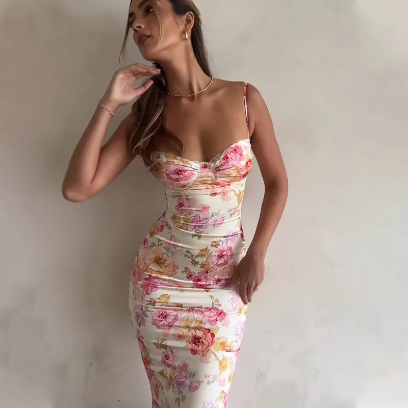 New Floral Suspender Split Slim Strap Dress