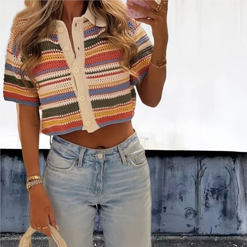 Patchwork Striped Sweater Knit Shorts Suit