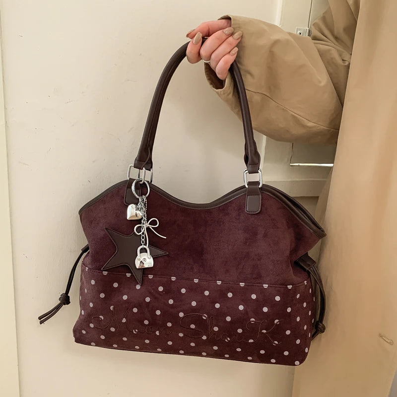 Brand Women's Shoulder Bag Y2k Fashion Sweet Polka Dot Handbag Korean Casual Versatile Leopard Print Brown Frosted Tote Bags