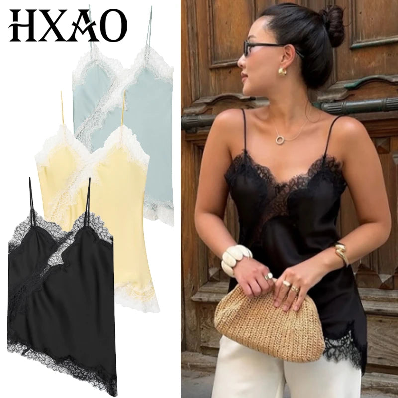 HXAO Asymmetrisches Slip-Top Damen Sommer 2025 Y2K Tanks & Camis Spitze Schwarz Carmen-Top Elegant Ärmelloses Rückenloses Camisole