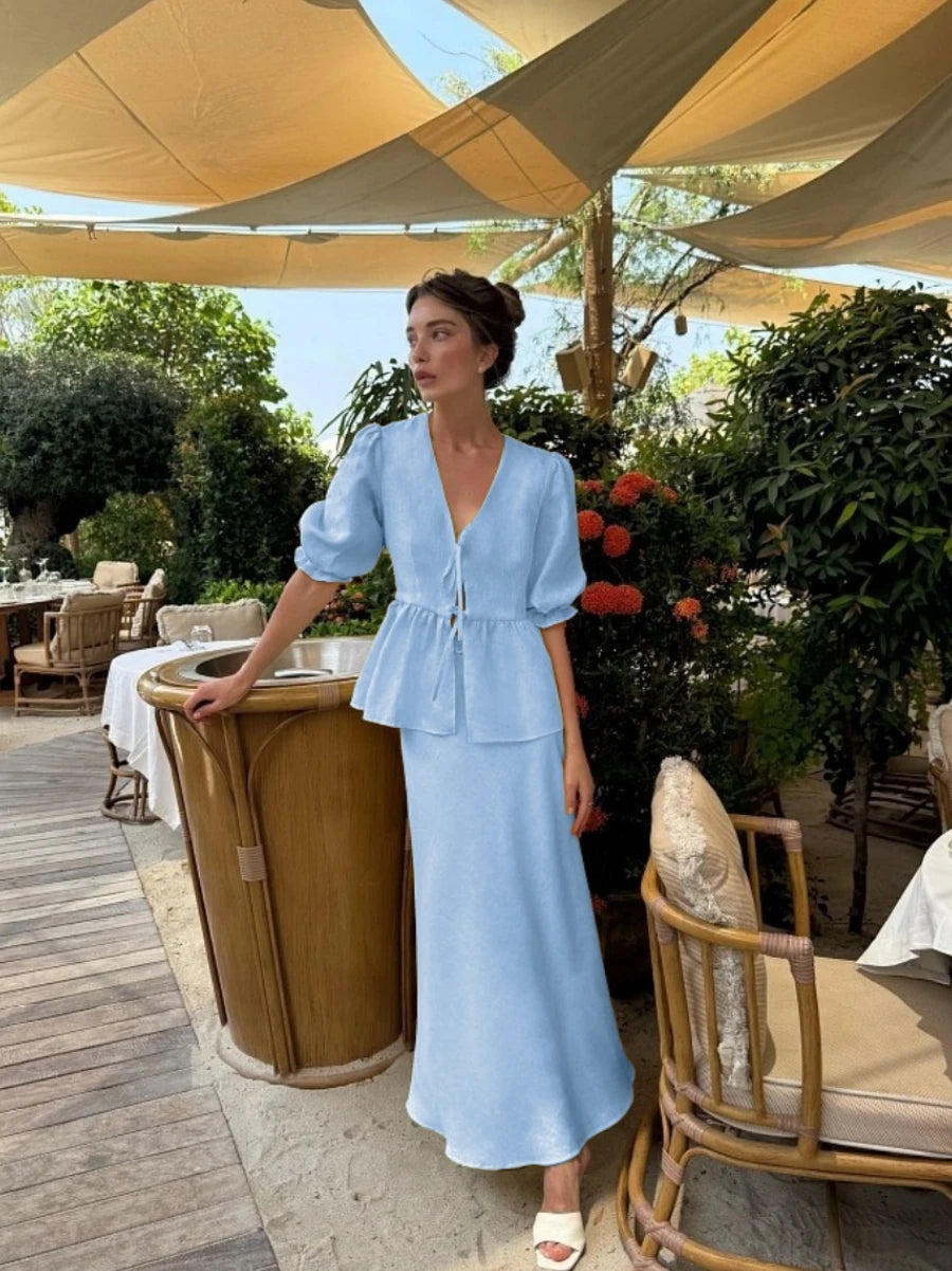 Cotton V-Neck Lace-Up Bubble Two-Piece Suit