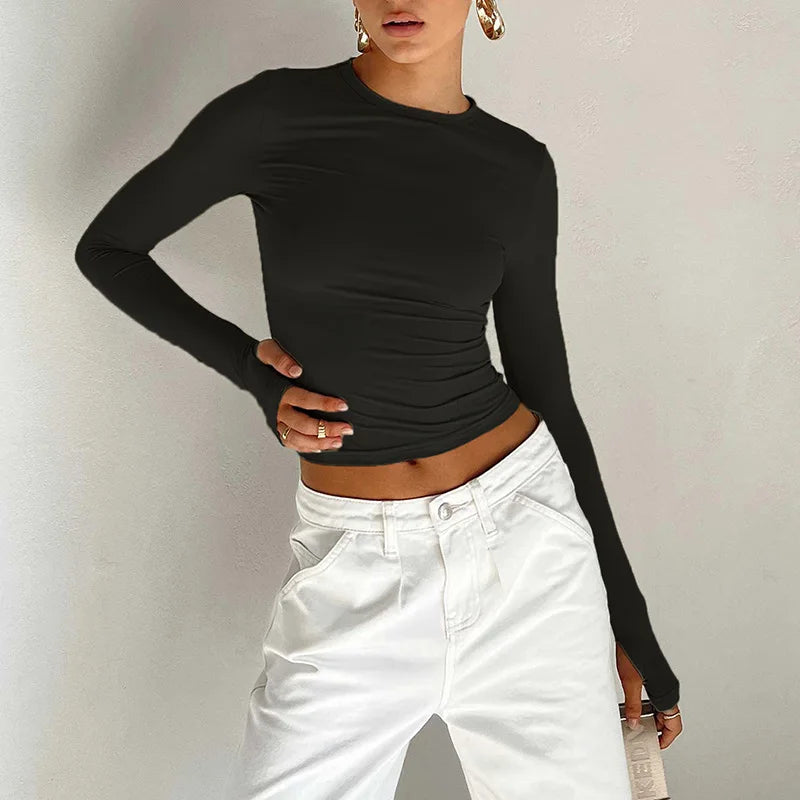 T-shirt Long Sleeve Crew Neck Solid Slim Fit Crop Top
