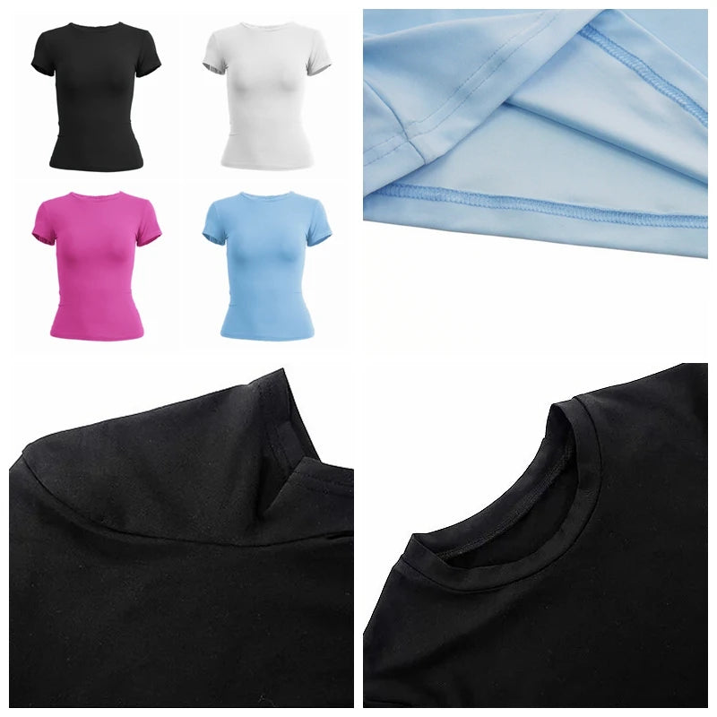 Damenbekleidung Kurzarm T-Shirt Eng Anliegende Oberteile Damen O-Ausschnitt Gestricktes Etui-T-Shirt Streetwear Sex Sportlich 2024 Y2K Neu2410
