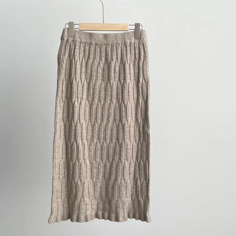 Hirsionsan Solid Elastic Straight Knitted Skirt