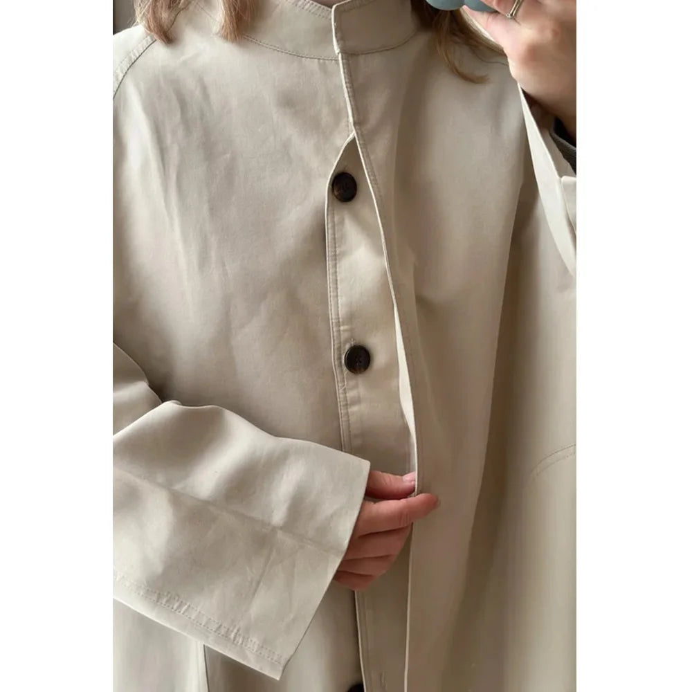 Stand Neck Long Trench Coat Women Spring