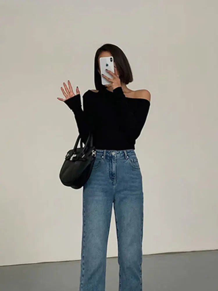Skew Collar Off-shoulder Long-sleeved T-shirts