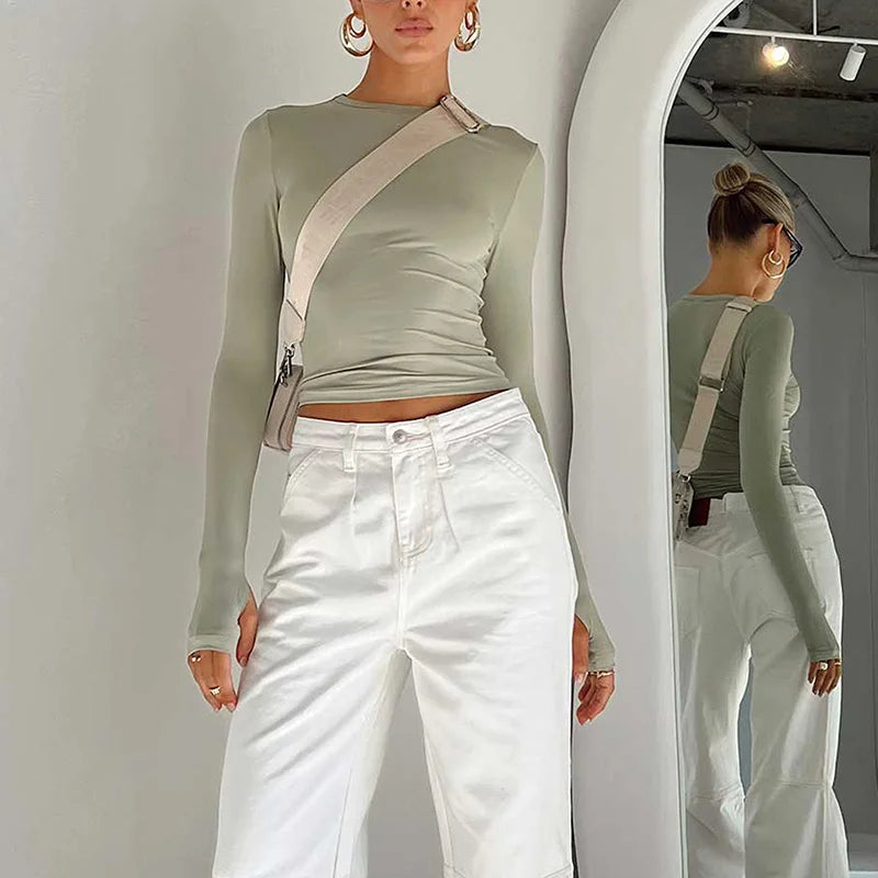 T-shirt Long Sleeve Crew Neck Solid Slim Fit Crop Top