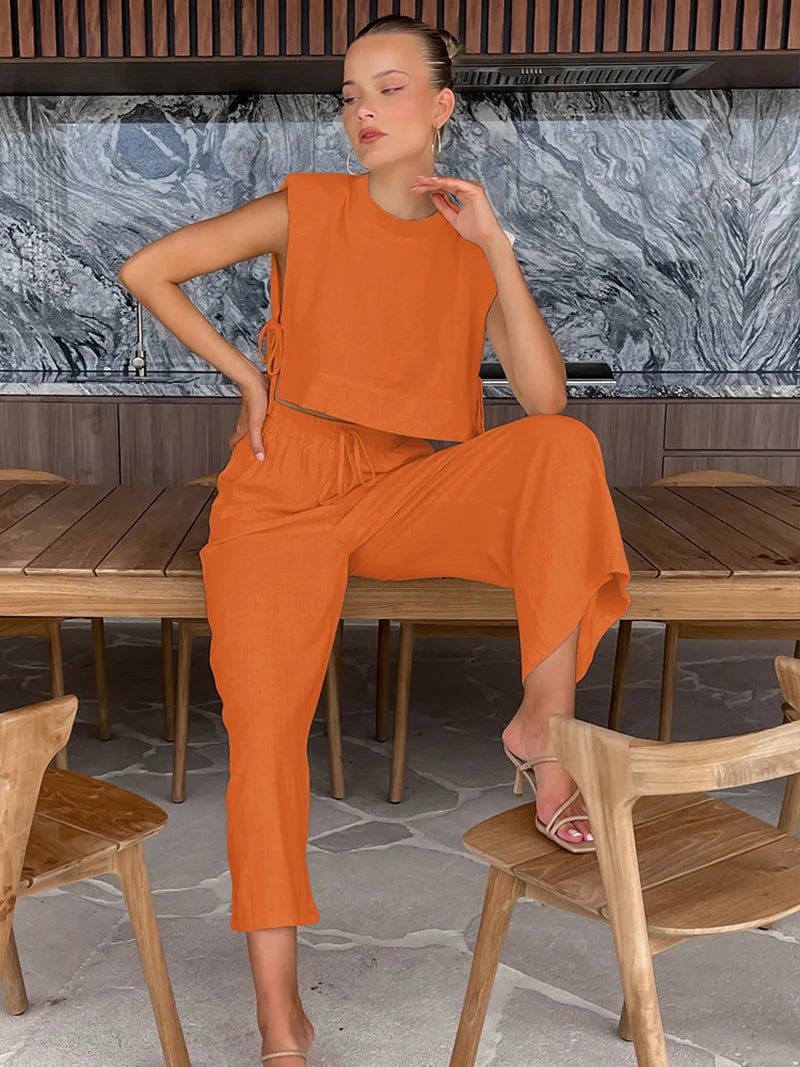 Holiday Linen Pant Set Crop Tops Solid Outfits