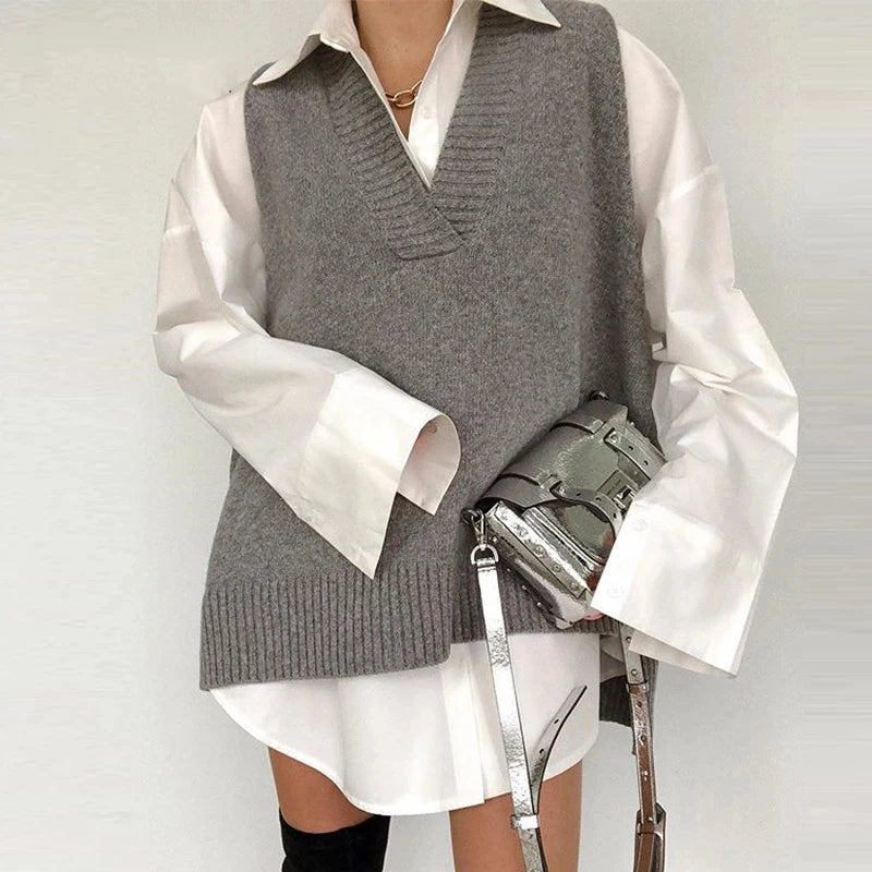 Hirsionsan V Neck Knitted Sweater Vest Women