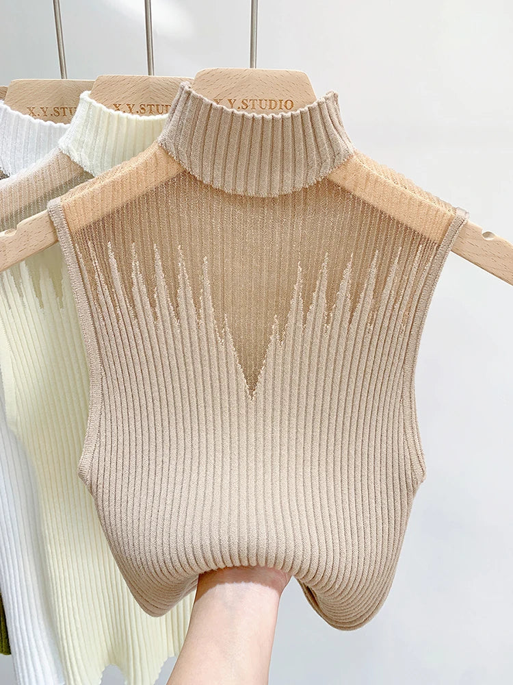 Mesh Strickoberteil Damen Y2K Tank Top Halbkragen Weste Ärmelloser Pullover Chic Cut Out Streetwear Solides Enges Tube Top