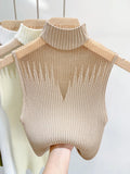 Mesh Strickoberteil Damen Y2K Tank Top Halbkragen Weste Ärmelloser Pullover Chic Cut Out Streetwear Solides Enges Tube Top
