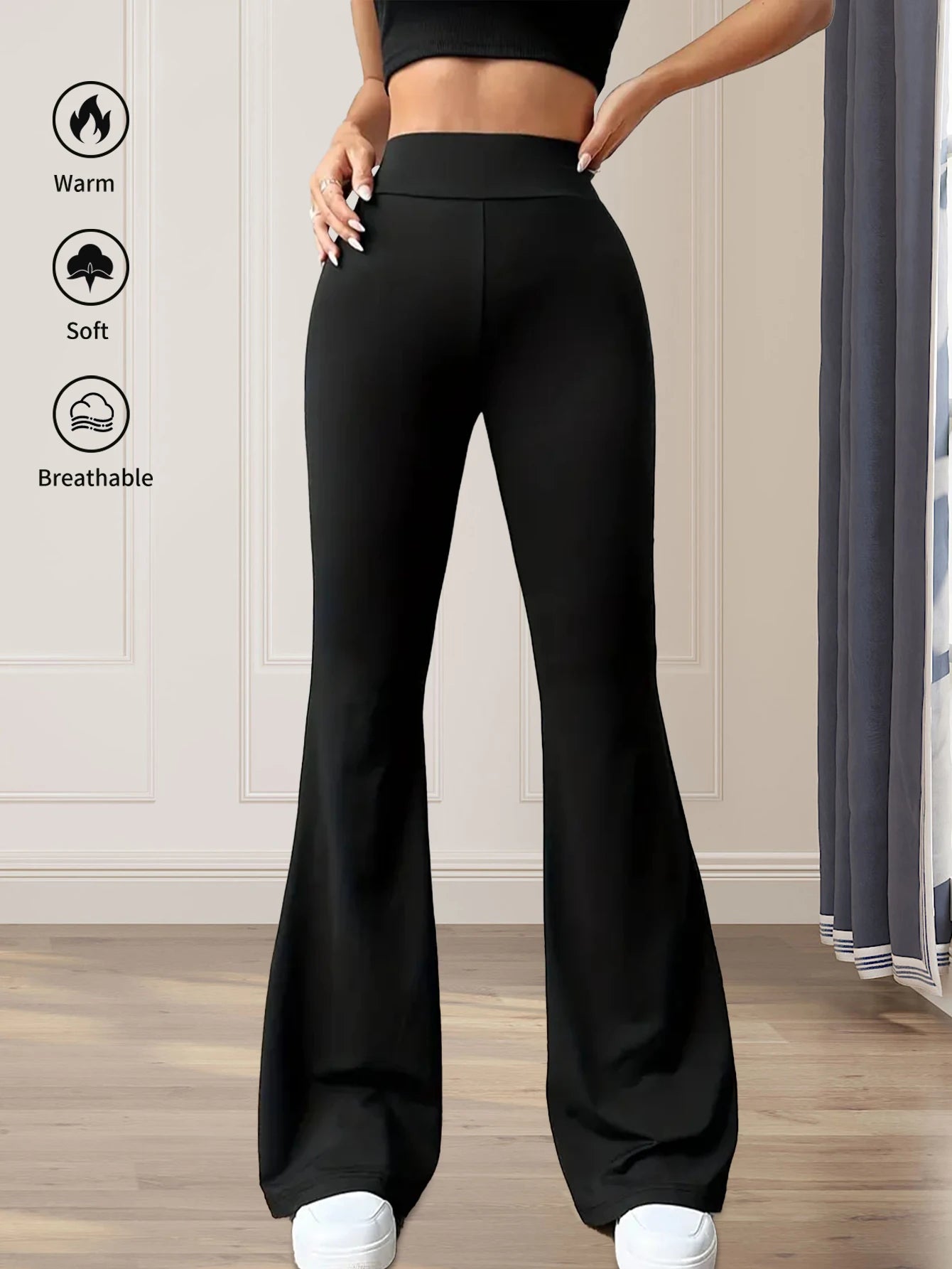 Damen-Frühlings- und Sommerhose mit hoher Taille, eng anliegende Schlaghose, schmale lange schwarze Hose, dünne weite Hose für schlanke Frauen