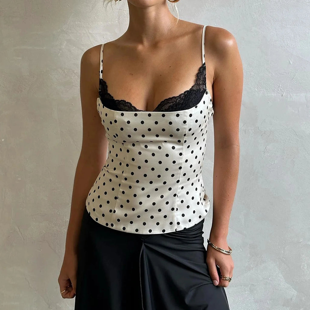 Chic Lace Patchwork Polka Dot Camis Tops