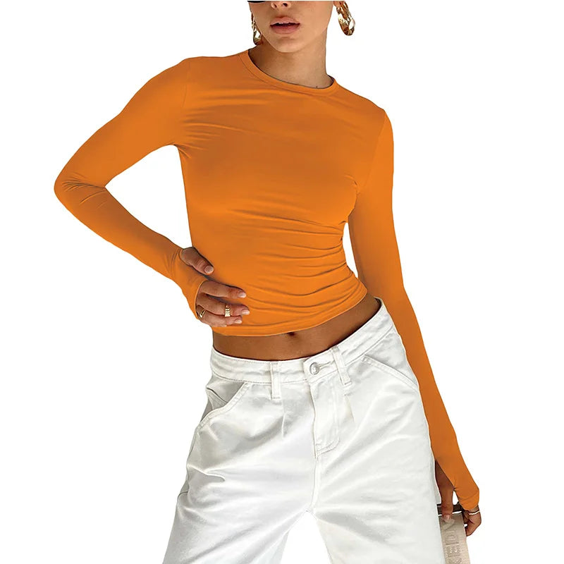 T-shirt Long Sleeve Crew Neck Solid Slim Fit Crop Top