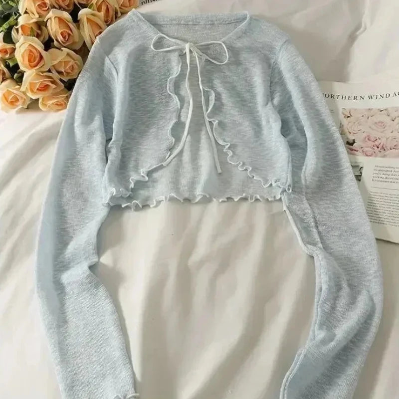 Sommer Damen Dünne Sonnencreme Strickjacke Schnürung Strickwaren Tops Weiblich Koreanischer Stil Laternenärmel Kurzer Mantel Lässig Sonnenfeste