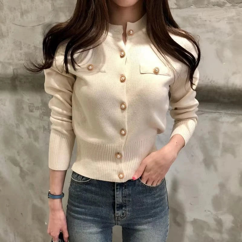 2026 Herbst Langarm Mode Damen Strickjacken Pullover Gestrickter Mantel Kurz Lässiger Einreihiger Koreanischer Schmaler Eleganter Damenoberteile