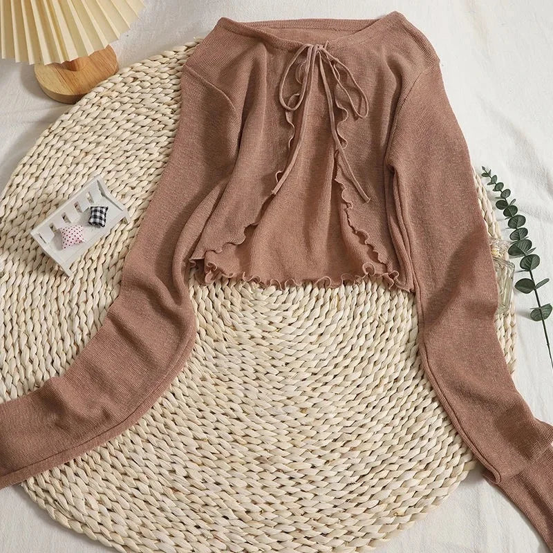 Sommer Damen Dünne Sonnencreme Strickjacke Schnürung Strickwaren Tops Weiblich Koreanischer Stil Laternenärmel Kurzer Mantel Lässig Sonnenfeste