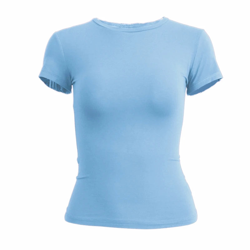 Damenbekleidung Kurzarm T-Shirt Eng Anliegende Oberteile Damen O-Ausschnitt Gestricktes Etui-T-Shirt Streetwear Sex Sportlich 2024 Y2K Neu2410