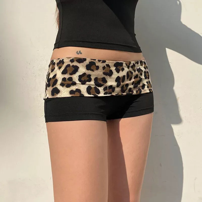 Kontrast Patchwork Leopard Low Waist Slim Sexy Booty Shorts Damen Baddie Outfits