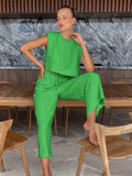 Holiday Linen Pant Set Crop Tops Solid Outfits