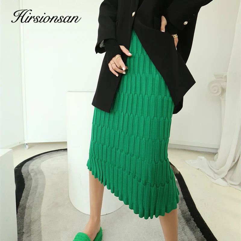 Hirsionsan Solid Elastic Straight Knitted Skirt