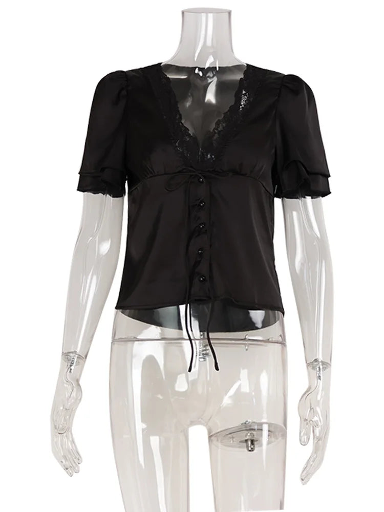 Ahagaga Causal Women Tops Solid Lace