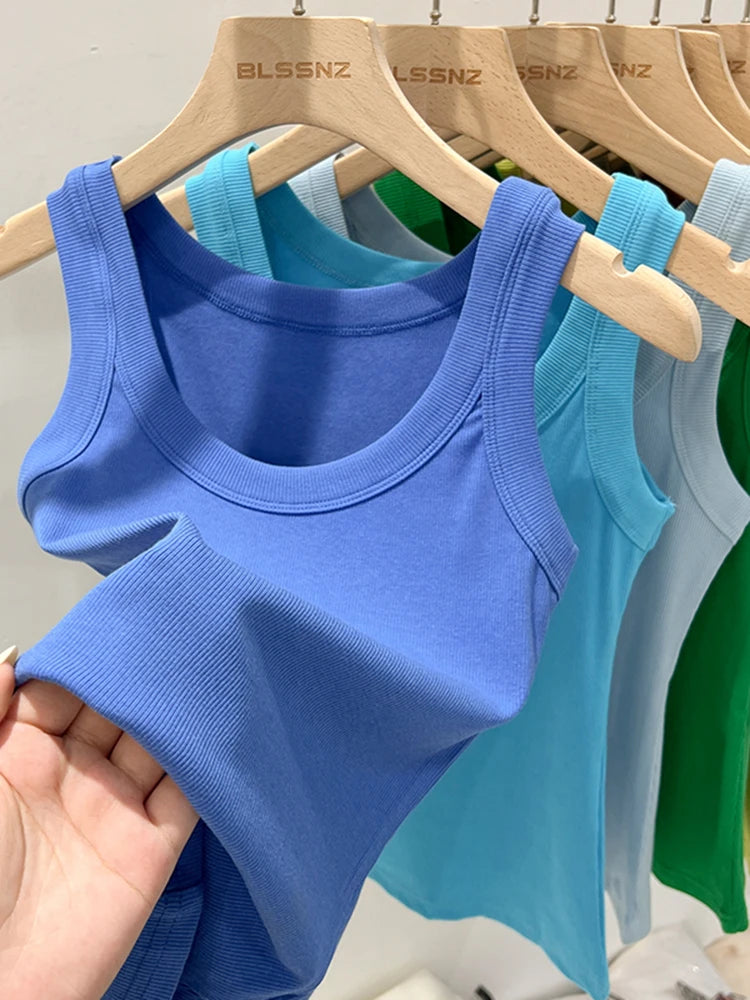 zjaiss Damen Einfarbig Rundhals Geripptes Tanktop Camisole Damen 2026 Sommer Basic Elastisches Tanktop O-Ausschnitt Einfarbiges Tanktop