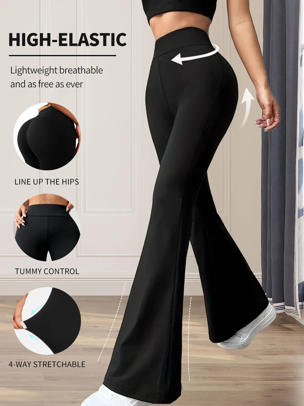 Damen-Frühlings- und Sommerhose mit hoher Taille, eng anliegende Schlaghose, schmale lange schwarze Hose, dünne weite Hose für schlanke Frauen