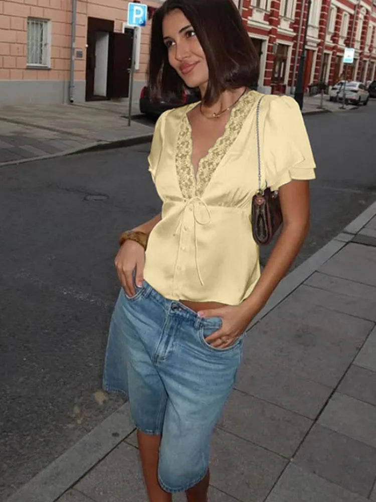 Ahagaga Causal Women Tops Solid Lace