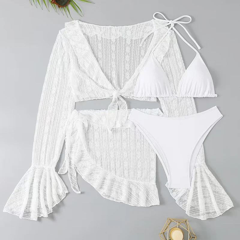 2026 Sexy vierteiliger Damen-Badeanzug Langarm-Vertuschung Bademode Sommer Unifarbenes Bikini-Set Brasilianische Strandmode Party-Badeanzug