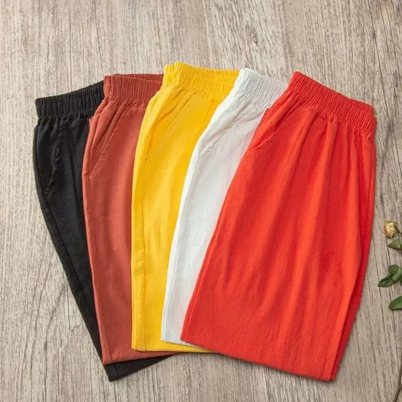 Summer Casual Loose Elastic Waist Cotton Trousers