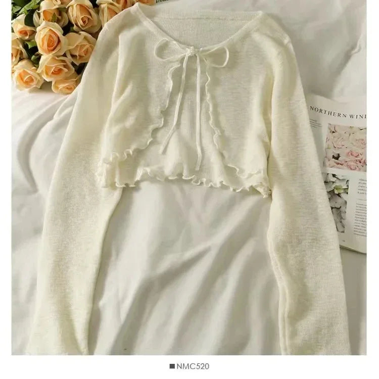 Sommer Damen Dünne Sonnencreme Strickjacke Schnürung Strickwaren Tops Weiblich Koreanischer Stil Laternenärmel Kurzer Mantel Lässig Sonnenfeste