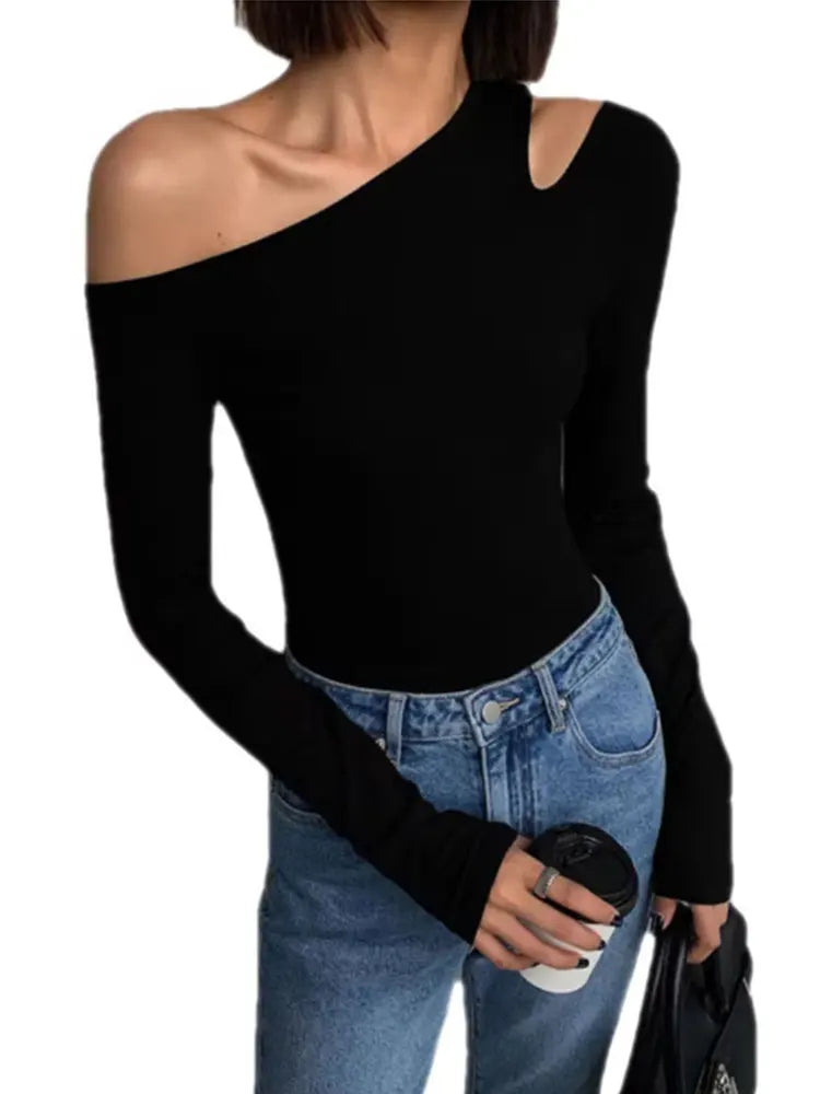 Skew Collar Off-shoulder Long-sleeved T-shirts