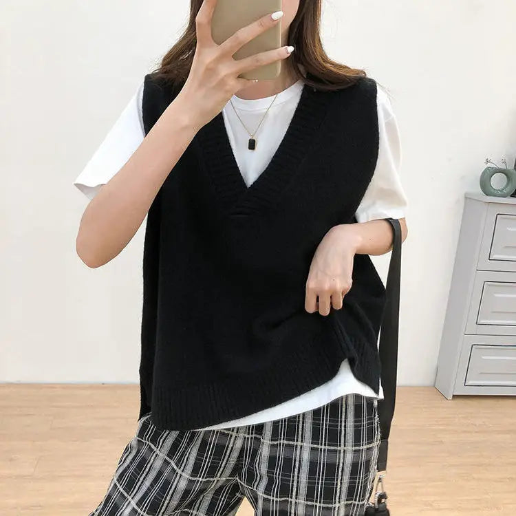 Hirsionsan V Neck Knitted Sweater Vest Women