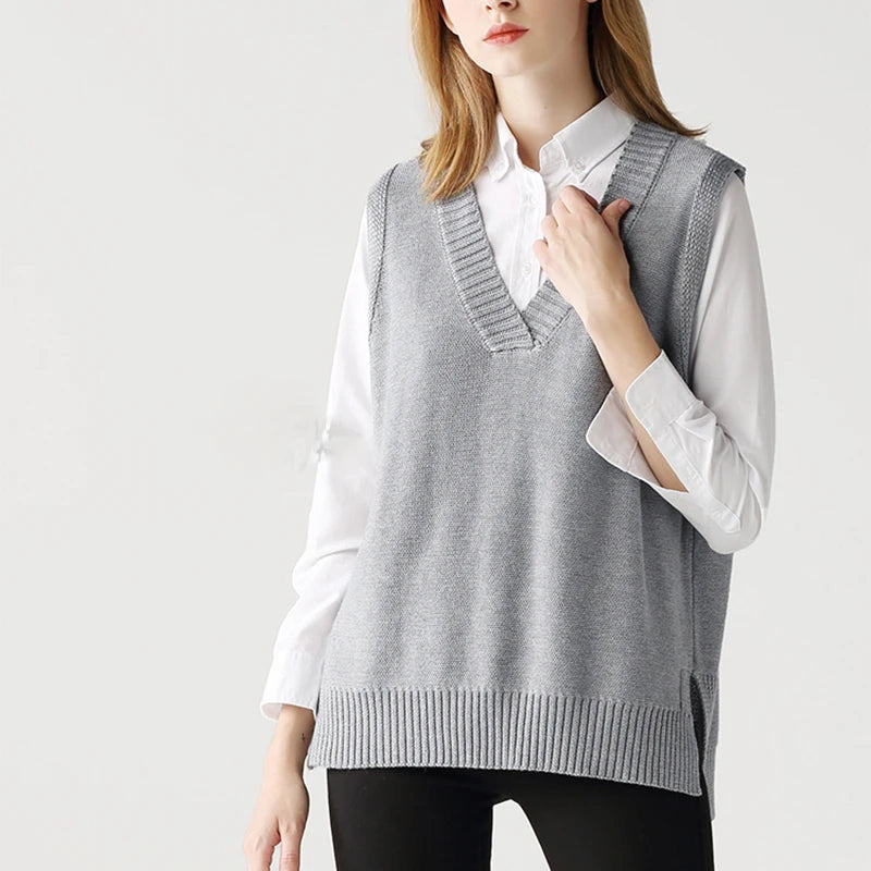 Hirsionsan V Neck Knitted Sweater Vest Women