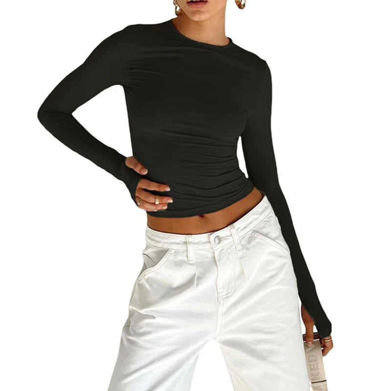 T-shirt Long Sleeve Crew Neck Solid Slim Fit Crop Top