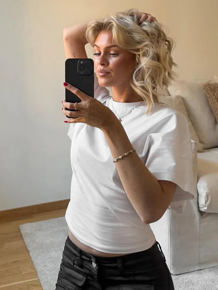 Graues bauchfreies T-Shirt Damen O-Ausschnitt Korsett-Oberteile Mode Lässige Einfarbige Streetwear Frühling Sommer Kurze T-Shirts für Mädchen