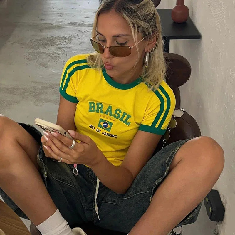 Womens Aesthetic BRASIL Letter Print T-Shirt