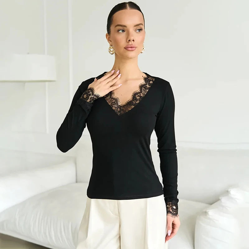 Tornova V neck Lace T shirt Top
